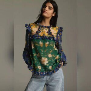 Farm Rio x Anthropologie High Neck Long Sleeve Ruffle Blouse Top Size L